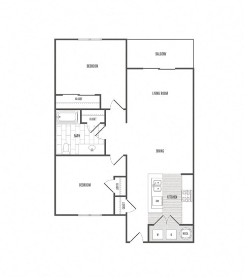 Floor plan for 2 beds, 1 bath, 870 sqft